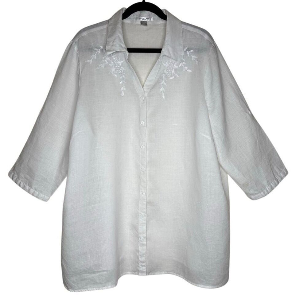 August Silk White Linen Embroidered Tunic Blouse Size 2X Boho, Romantic